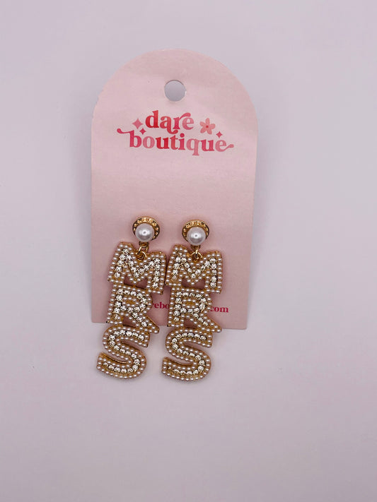 MRS. Gold Pearl & Rhinestone Bridal Earrings