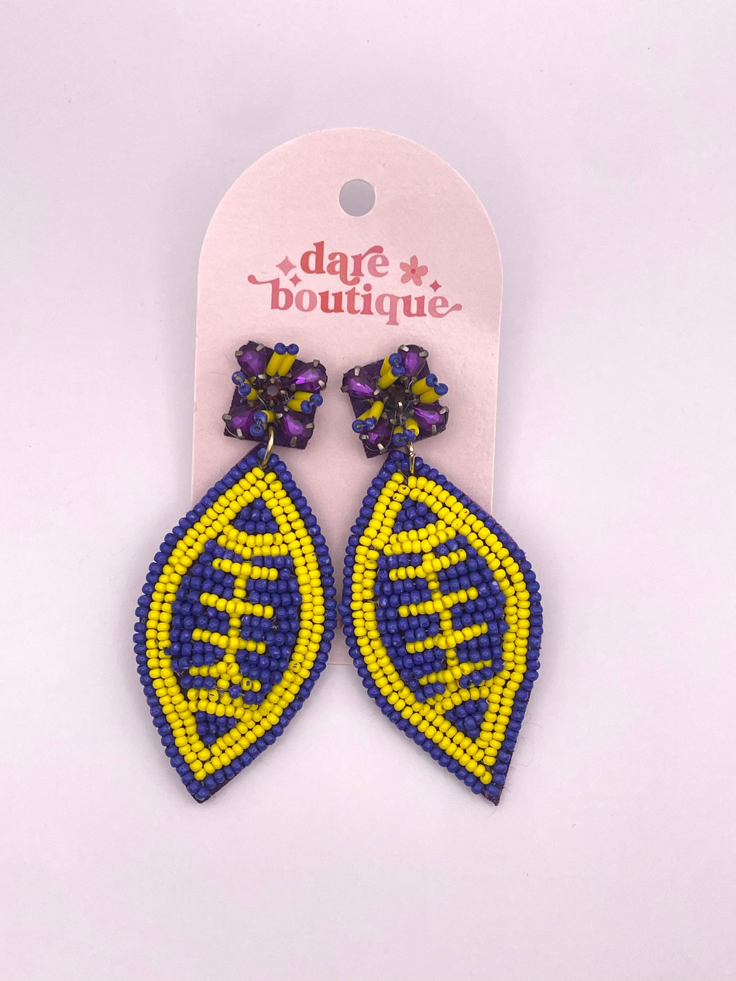 Purple & Yellow Beaded Football Earrings
