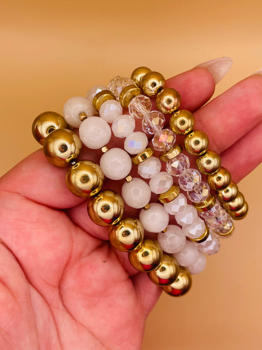 White & Gold Crystal 5pc Stretch Bracelet Set