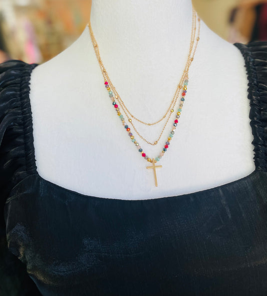 Gold Cross Multi Color Layered Necklace
