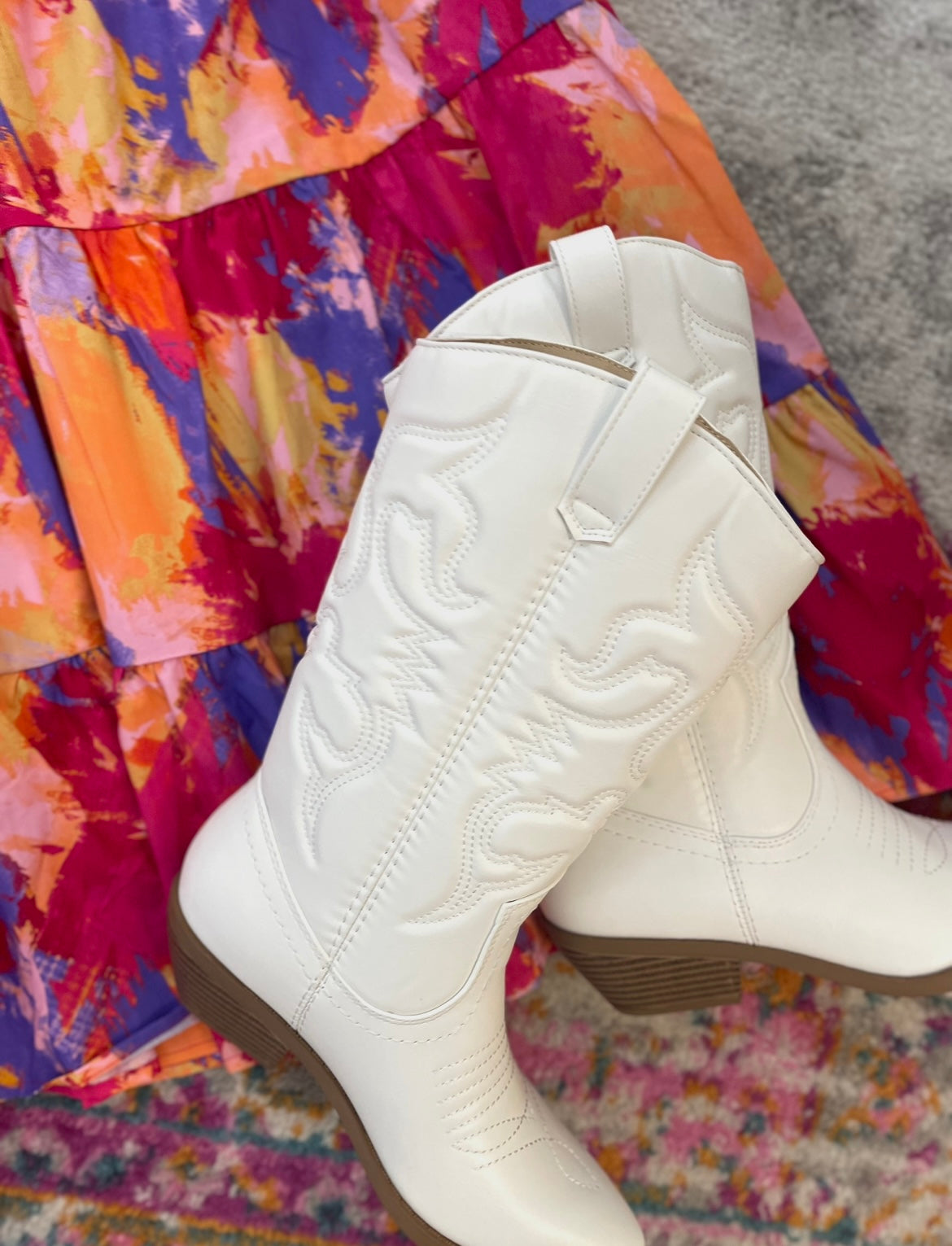 Western White Embroidered Mid Calf Boots